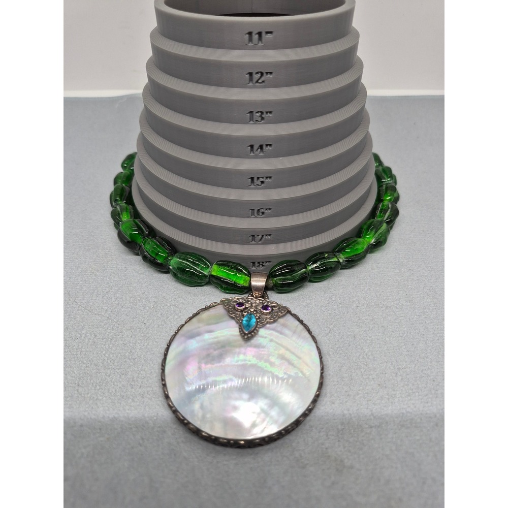 JTV Necklace Woman Green Glass Mother of Pearl Sterling Silver Quartz Statement - Picture 4 of 16